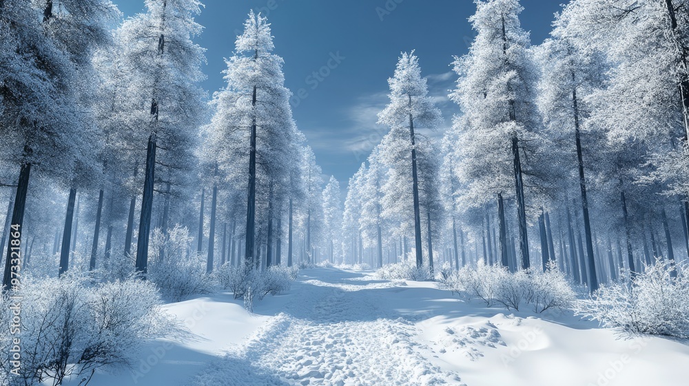 Snow-covered winter forest landscape with tall trees and clear sky Snow-covered winter forest landscape with tall trees and clear sky