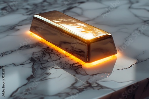 An elegant golden ingot resting on a marble surface with soft, ambient lighting. photo