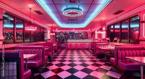 Neon Diner with Purple Booths and Checkerboard Floor