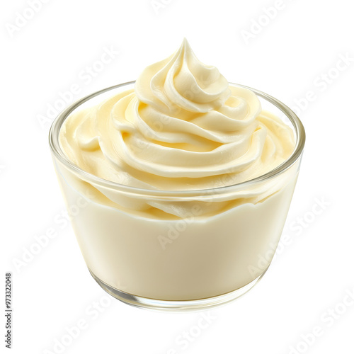 Creamy whipped topping served in a clear bowl isolated transparent