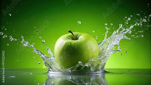 forced perspective, image,water, green background, captivating, Water splashing on a fresh green apple placed on a vibrant green background creating a captivating forced perspective image