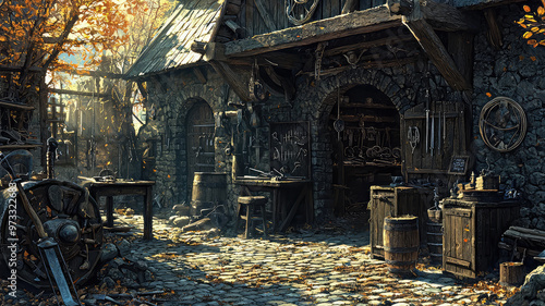 A blacksmith shop in fantasy world with enchanted elements, showcasing intricate tools and rustic charm photo