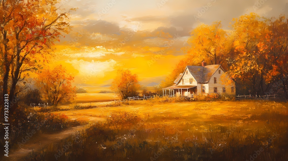 Golden Hour Farmhouse: A serene country scene bathed in the warm glow of sunset, featuring a charming farmhouse nestled amidst golden fields and autumn foliage. A picturesque view that evokes tranqui Golden Hour Farmhouse: A serene country scene bathed in the warm glow of sunset, featuring a charming farmhouse nestled amidst golden fields and autumn foliage. A picturesque view that evokes tranqui