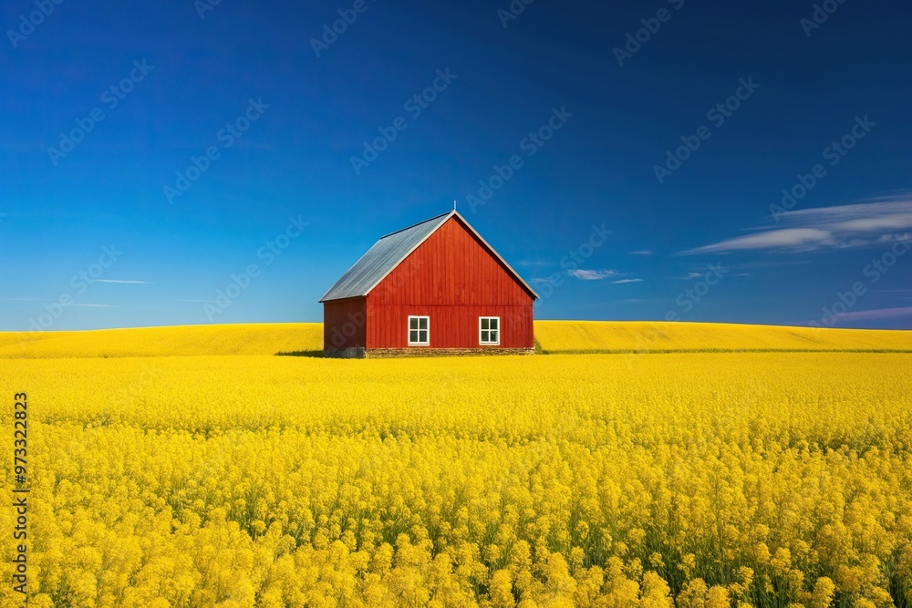 A minimalist stock photo featuring a rapeseed crop in full bloom with a bright red barn standing out against a clear blue sky, blue sky, bright red barn, stock photo, minimalist A minimalist stock photo featuring a rapeseed crop in full bloom with a bright red barn standing out against a clear blue sky, blue sky, bright red barn, stock photo, minimalist