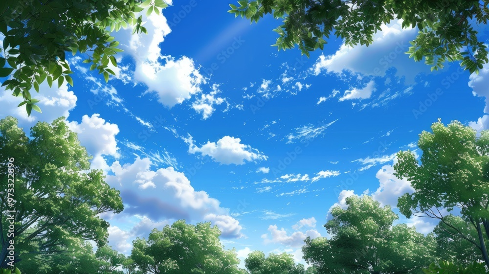 Fluffy white clouds drift across a vibrant blue sky, surrounded by lush green trees. The tranquil setting evokes a sense of peace and harmony in nature