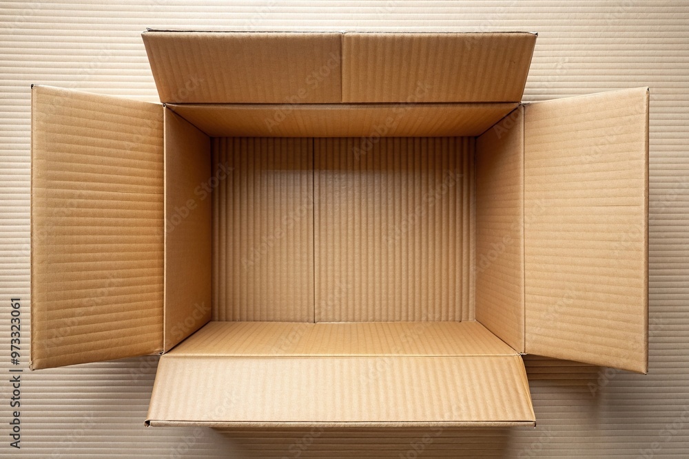 Fototapeta premium Brown corrugated cardboard box seen from a top side angle with a minimalistic design, cardboard, brown, delivery, thin, packaging, rectangle, minimalist, plain, angle, corrugated, empty