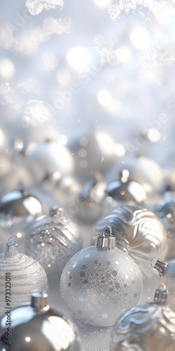 Elegant silver Christmas ornaments on a soft light background with bokeh sparkles photo