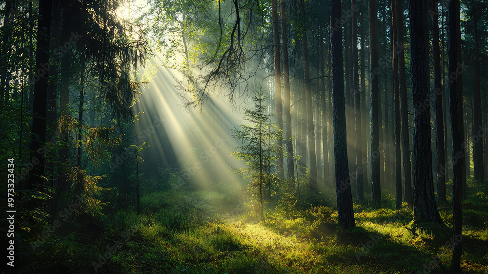 Obraz premium A calm forest with rays of sunlight filtering through trees, creating serene atmosphere