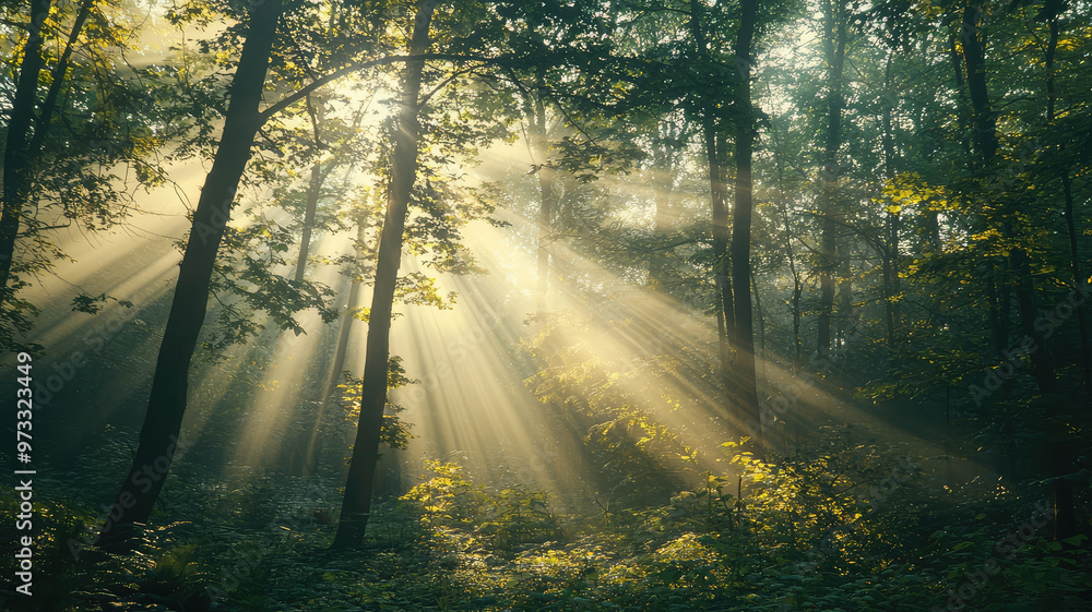 Obraz premium A calm forest with sunlight filtering through trees creates serene atmosphere