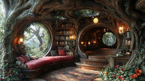 luxury treehouse interior, wizard style photo