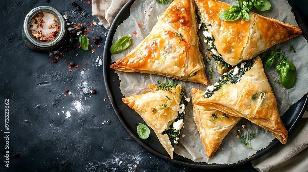 A warm, cheesy spinach and feta stuffed pastry triangle A warm, cheesy spinach and feta stuffed pastry triangle