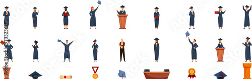 Graduate stage icons set. Graduates are celebrating their academic achievements, holding diplomas, tossing caps, and standing at podiums