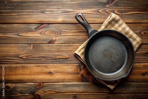 cast iron skillet, empty, cooking pan, kitchen, cooking utensil, cooking, rustic, Empty cast iron skillet on a wooden table with a rustic wood background providing ample copy space