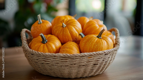 Wallpaper Mural Vibrant orange pumpkins in a woven basket on a wooden table during autumn harvest season Torontodigital.ca