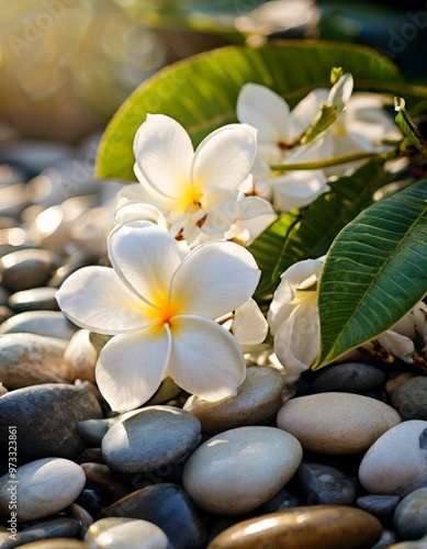 Delicate white frangipani flowers rest gracefully on smooth pebbles, illuminated by warm sunlight. The scene captures the essence of natural beauty and tranquility, with soft petals contrasting