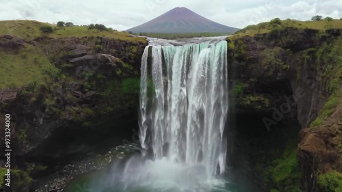 waterfall and mountain scenery. fantasy imaginary view.