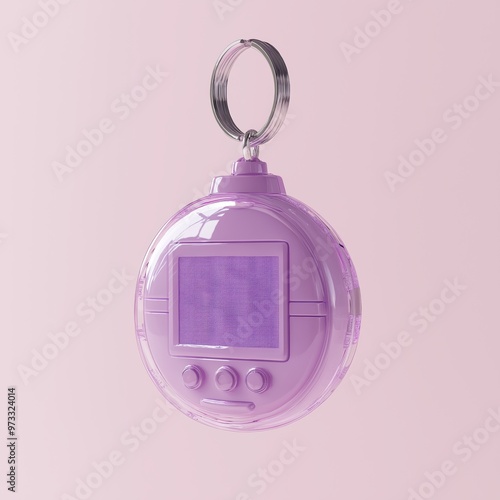 Retro handheld digital pet device in purple color isolated on light pink background, toy, gadget, vintage game