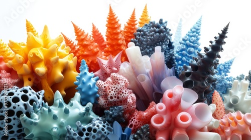 Colorful abstract 3d rendering of spiked and tubular shapes in a dynamic composition, vibrant coral-like forms photo