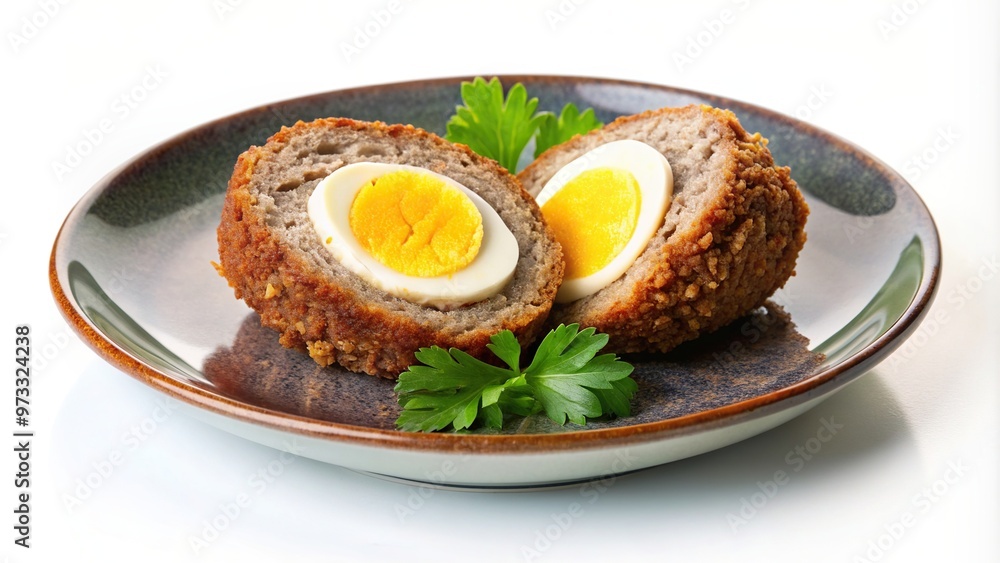 Juicy cutlet made from minced meat stuffed boiled egg presented on a pristine ceramic plate isolated on a plain white background, ceramic plate, protein, minced meat, gourmet, dish Juicy cutlet made from minced meat stuffed boiled egg presented on a pristine ceramic plate isolated on a plain white background, ceramic plate, protein, minced meat, gourmet, dish