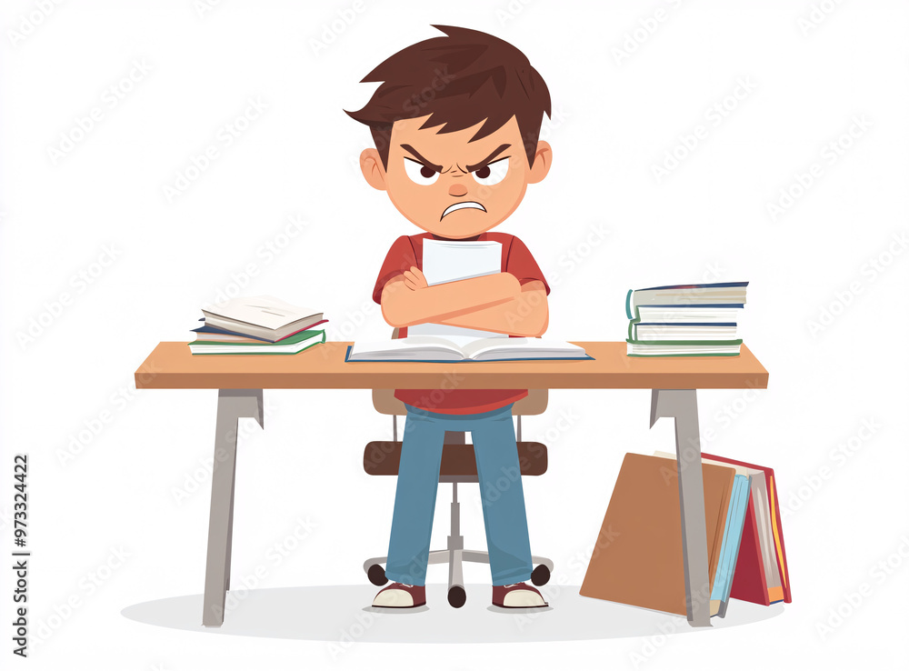 Angry Cartoon Boy Sitting at Desk with Open Books, Displaying Frustration Over Homework or Study Session in Educational Illustration Angry Cartoon Boy Sitting at Desk with Open Books, Displaying Frustration Over Homework or Study Session in Educational Illustration