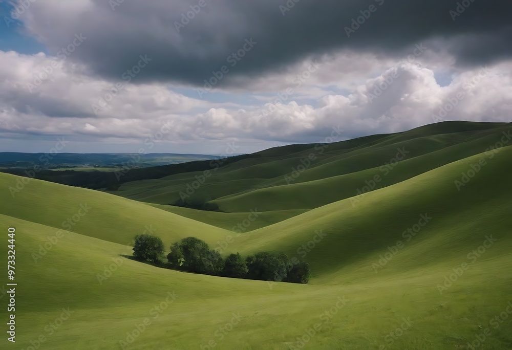 Rolling green hills under a sky filled with dramatic, billowing clouds, creating a striking contrast between earth and sky. Rolling green hills under a sky filled with dramatic, billowing clouds, creating a striking contrast between earth and sky.