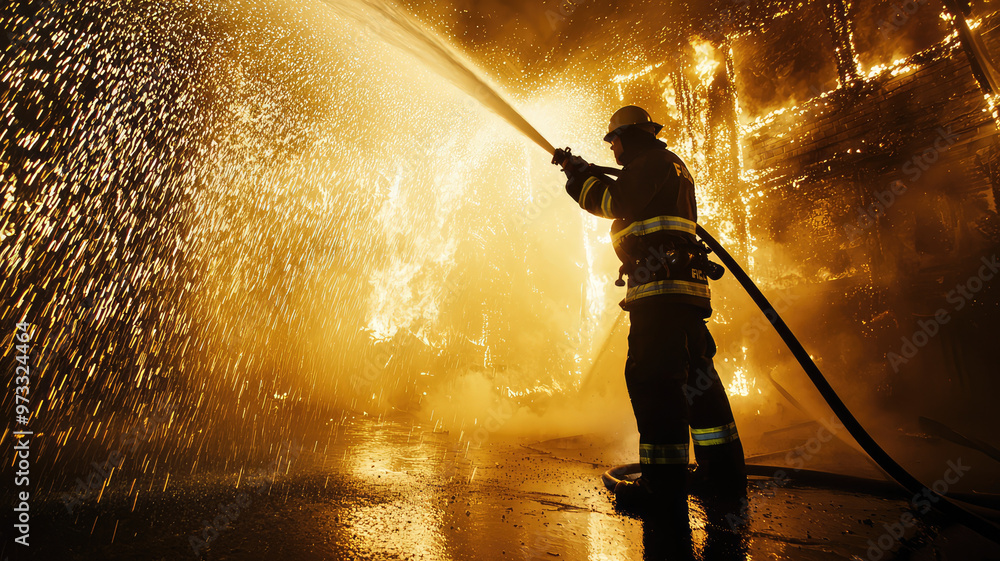 A firefighter spraying water from hose to extinguish flames, showcasing bravery and urgency A firefighter spraying water from hose to extinguish flames, showcasing bravery and urgency