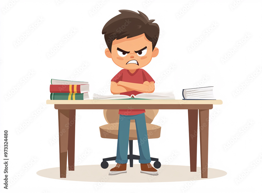 Angry Cartoon Boy Sitting at Desk with Open Books, Displaying Frustration Over Homework or Study Session in Educational Illustration Angry Cartoon Boy Sitting at Desk with Open Books, Displaying Frustration Over Homework or Study Session in Educational Illustration