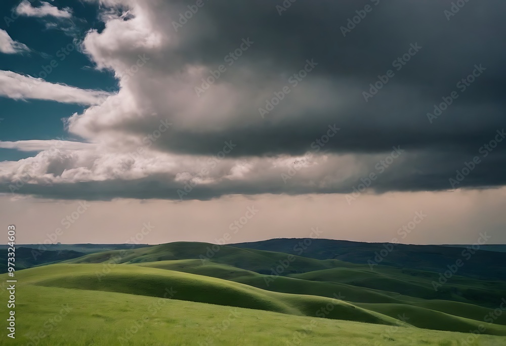 Rolling green hills under a sky filled with dramatic, billowing clouds, creating a striking contrast between earth and sky. Rolling green hills under a sky filled with dramatic, billowing clouds, creating a striking contrast between earth and sky.