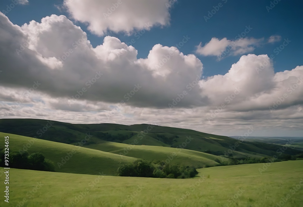 Rolling green hills under a sky filled with dramatic, billowing clouds, creating a striking contrast between earth and sky. Rolling green hills under a sky filled with dramatic, billowing clouds, creating a striking contrast between earth and sky.