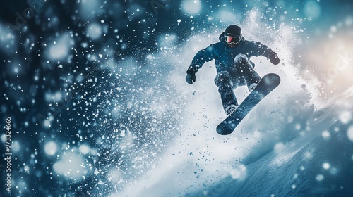 Snowboarder performing a high jump in midair surrounded by snow particles and dynamic lighting during a winter sport adventure