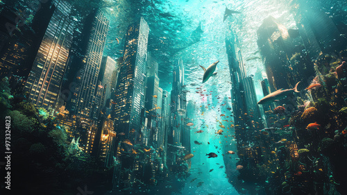 A futuristic underwater city with towering skyscrapers and vibrant marine life photo