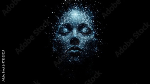 Futuristic abstract face made of glowing digital particles in dark background