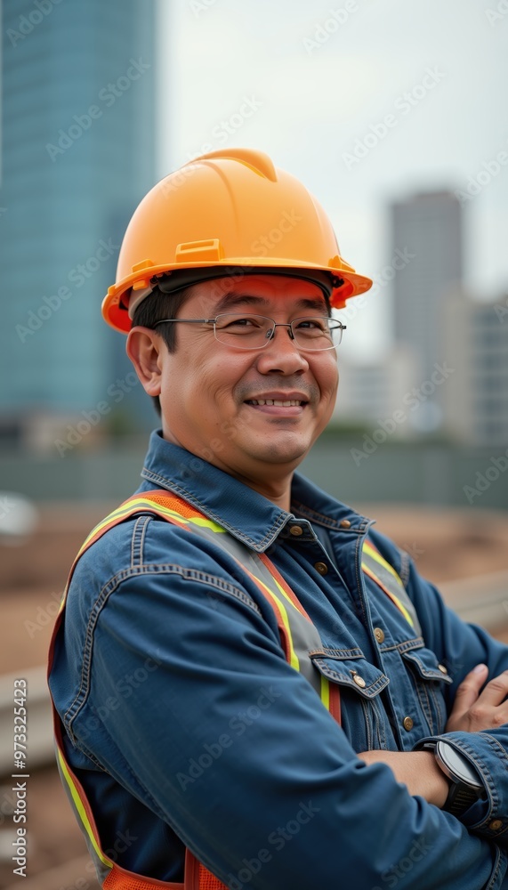 A confident construction worker in a hard hat and safety gear, smiling in an urban environment, representing professionalism and safety in the construction industry.