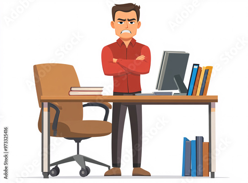 Frustrated businessman in chaotic office environment showing stress and anger, clenched fists, scattered papers, workplace frustration, emotional reaction, business stress and tension, angry office wo