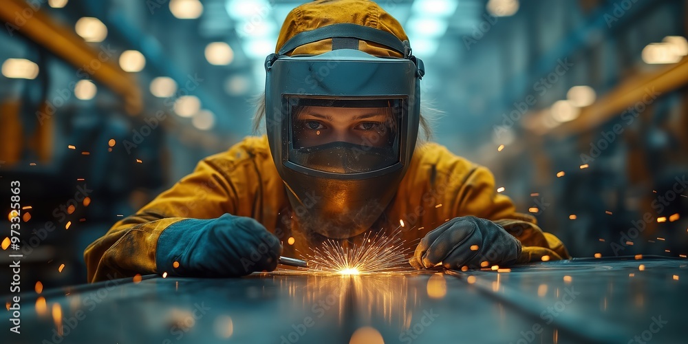 An individual in welding attire performs precise welding tasks, with intense light and bright sparks from the torch An individual in welding attire performs precise welding tasks, with intense light and bright sparks from the torch