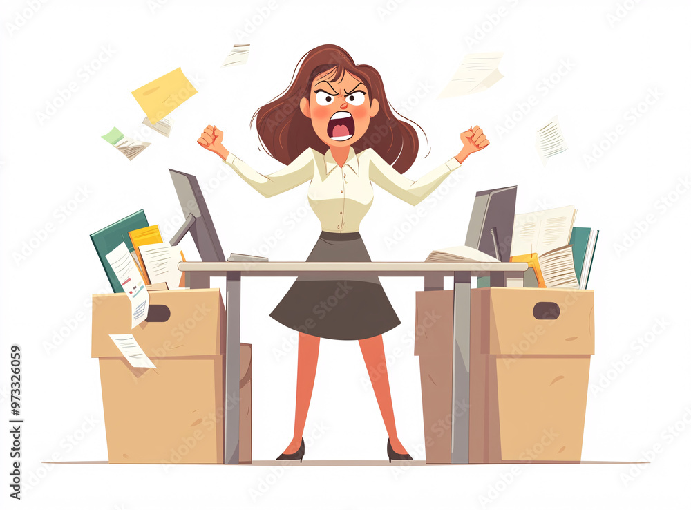 Frustrated businesswoman in office environment showing stress and anger, clenched fists, open books, scattered papers, corporate tension, workplace frustration, emotional woman, office stress reaction Frustrated businesswoman in office environment showing stress and anger, clenched fists, open books, scattered papers, corporate tension, workplace frustration, emotional woman, office stress reaction