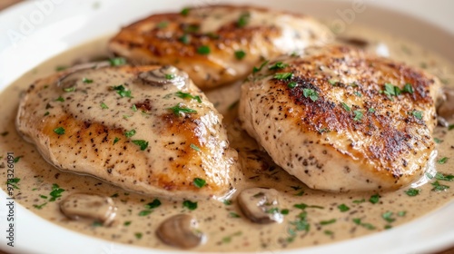 Chicken with Mustard Mascarpone Marsala Sauce, Italian cuisine. chicken breasts smothered in a Marsala wine cream sauce