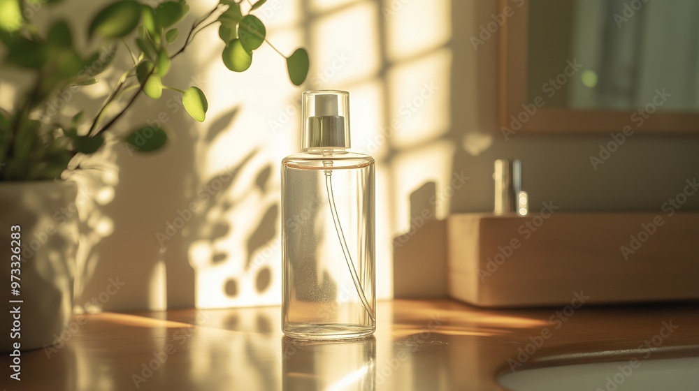 A clear glass bottle of perfume or lotion sits on a wooden table with a plant in the background, bathed in soft sunlight. A clear glass bottle of perfume or lotion sits on a wooden table with a plant in the background, bathed in soft sunlight.