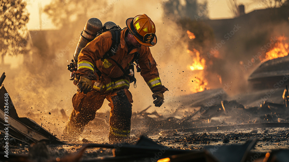 Brave firefighter battling intense flames in a devastated area during sunset Brave firefighter battling intense flames in a devastated area during sunset