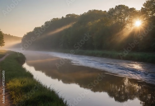 Early morning mist rising from a slow-moving river, with trees lining the banks and the sun just beginning to break through.