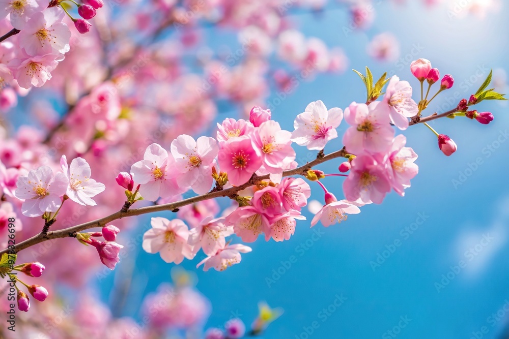 Blooming cherry branch with delicate pink flowers against a clear blue sky seen from above, vibrant, pink flowers, season, beauty, scenery, bird's eye view, aerial, nature,cherry branch Blooming cherry branch with delicate pink flowers against a clear blue sky seen from above, vibrant, pink flowers, season, beauty, scenery, bird's eye view, aerial, nature,cherry branch