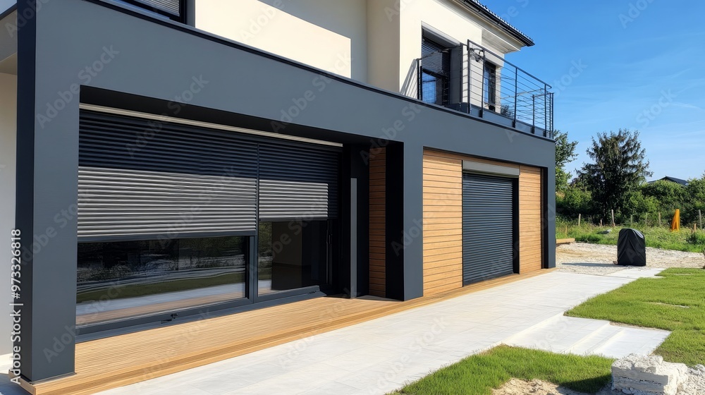 An aluminum electric roller shutter on a newly constructed home An aluminum electric roller shutter on a newly constructed home