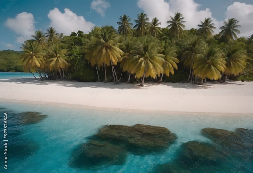 A small, secluded tropical island with white sandy beaches, surrounded by turquoise water and palm trees. A small, secluded tropical island with white sandy beaches, surrounded by turquoise water and palm trees.