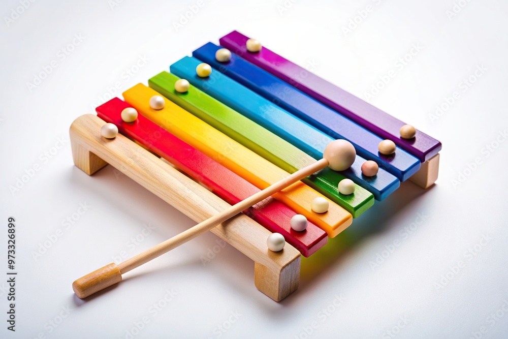 Fototapeta premium xylophone, vibrant, childhood, colorful, play, colorful, wooden toy, wooden, child, fun, toy, rainbow colors, Rainbow colored wooden toy xylophone texture against white background