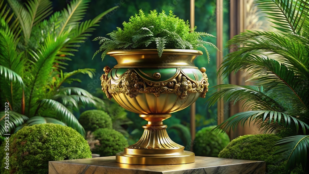 Luxurious oval vase adorned with intricate gold accents, sitting atop a rich velvet pedestal, surrounded by lush greenery, evoking opulence and sophisticated elegance. Luxurious oval vase adorned with intricate gold accents, sitting atop a rich velvet pedestal, surrounded by lush greenery, evoking opulence and sophisticated elegance.