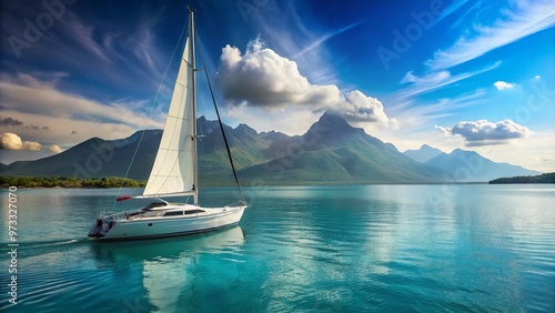 Luxurious white sailboat with sleek design and towering mast glides effortlessly across calm turquoise water, majestic backdrop of distant mountain range fading into horizon.