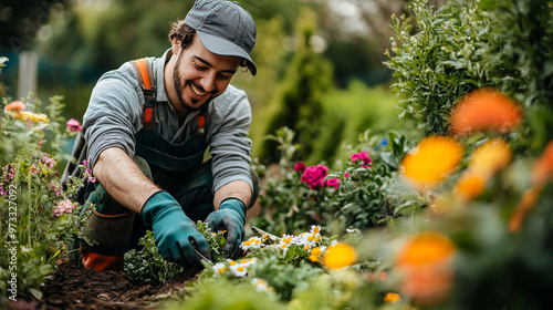 Gardener tending to vibrant flowers in a tranquil outdoor garden during a sunny day