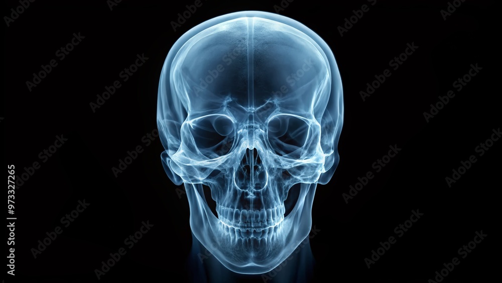 Macro X-ray of human skull highlighting the lesser wing of sphenoid bone, a pyramid-shaped structure forming part of the orbit and cranial cavity. Macro X-ray of human skull highlighting the lesser wing of sphenoid bone, a pyramid-shaped structure forming part of the orbit and cranial cavity.