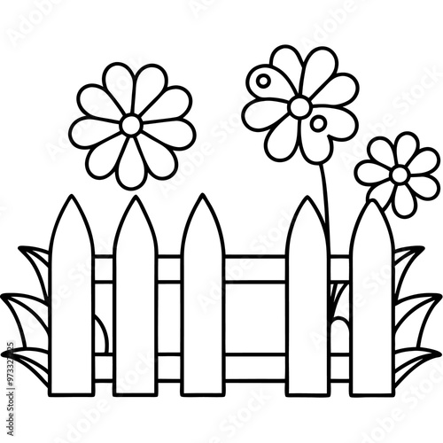 fence and flowers outline coloring book page line art drawing