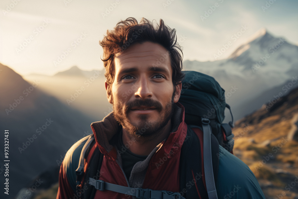 Portrait of a male traveler with a backpack against a backdrop of mountains. Concept of hiking, traveling, conquering mountains and peaks, sports lifestyle, taking care of mental health. Portrait of a male traveler with a backpack against a backdrop of mountains. Concept of hiking, traveling, conquering mountains and peaks, sports lifestyle, taking care of mental health.